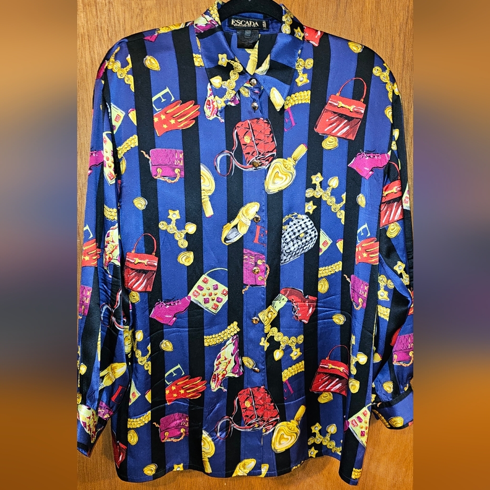 VTG 90'S ESCADA MARAGRETHA LEY BLUE BAROQUE SHOPPING PRINT SILK